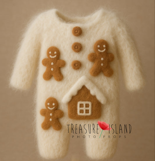 Cream hand-knitted Snow Cottage photography romper with hand-felted gingerbread characters, cottage and buttons for Christmas sessions.