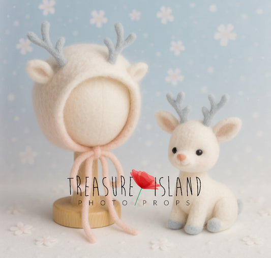 Snow Flower felted reindeer bonnet and miniature reindeer in white blush and icy blue