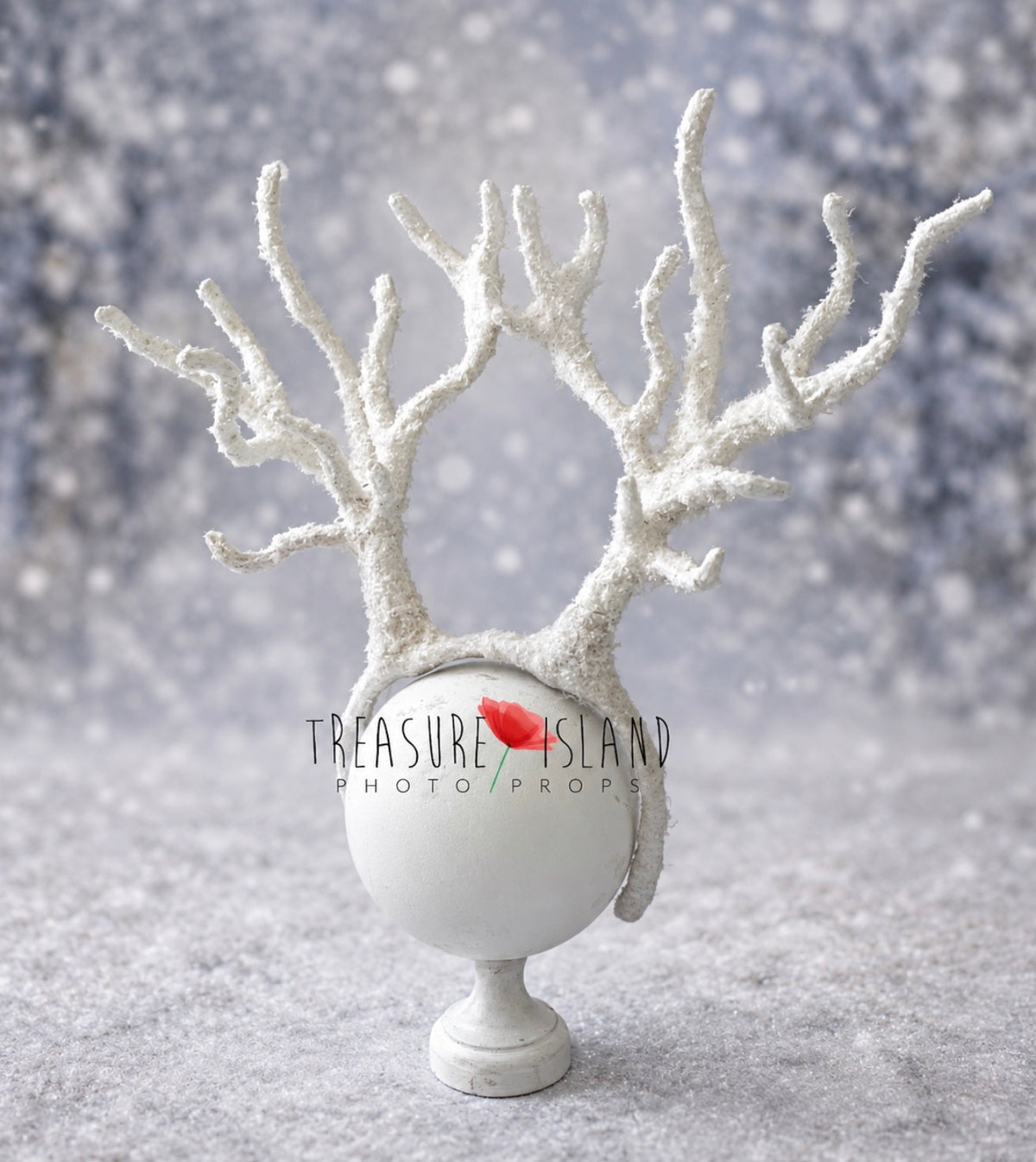Large handmade reindeer antlers headband with textured snow finish for fine art photography