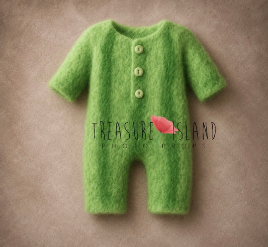 Pale green Soft Verdant handmade romper with darker green details for baby photography