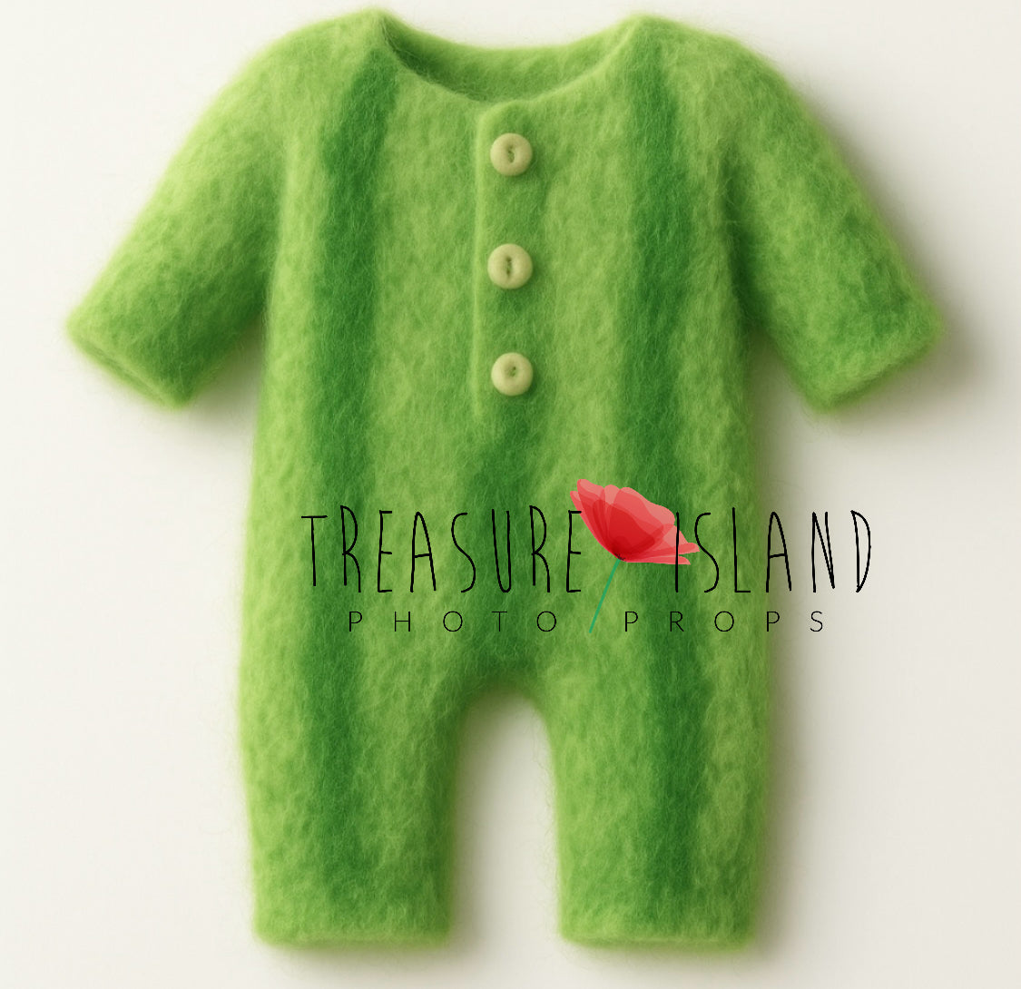 Soft Verdant green knitted romper with botanical mottling for newborn photography