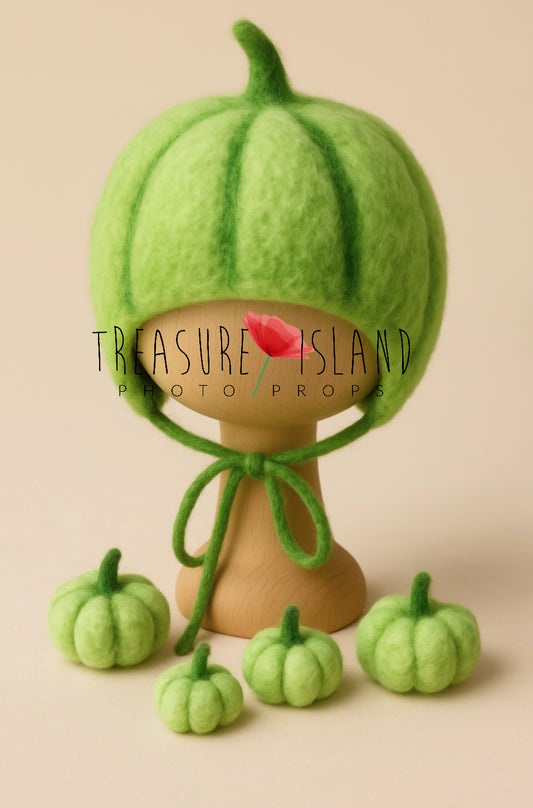 Soft Verdant green felted pumpkin bonnet with matching mini pumpkins for newborn photography