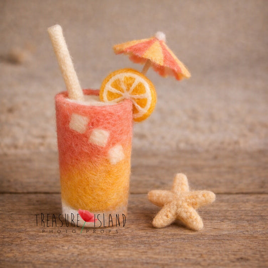 Hand-felted coral ombre tropical drink with citrus, umbrella and starfish for newborn photography