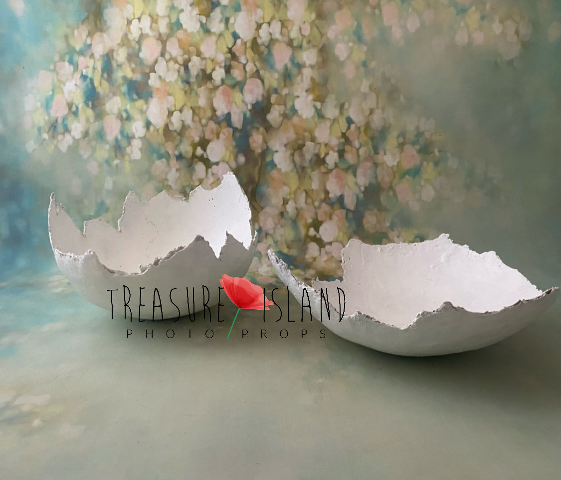 Two-piece handmade plaster broken eggshell for Easter and spring photography