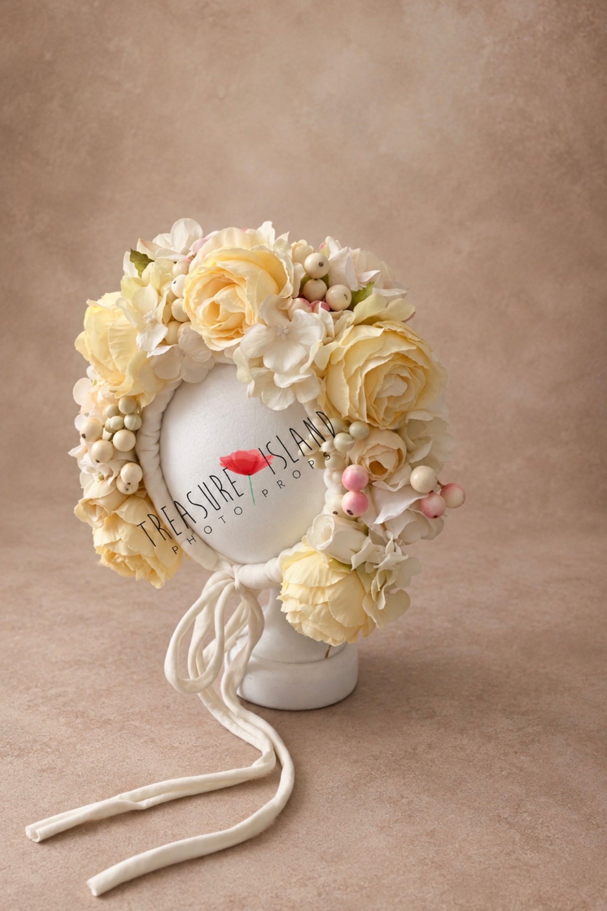 Vanilla cream floral bonnet with ivory flowers and soft pink berry accents for newborn and sitter photography