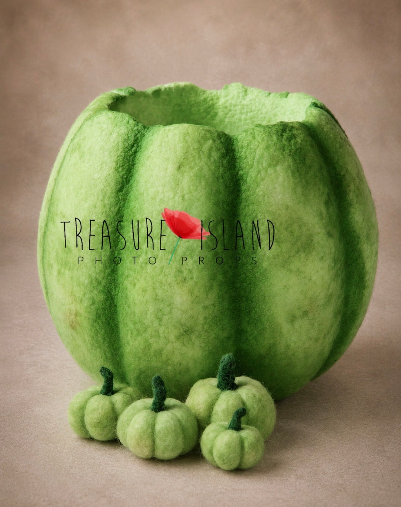 Green Verdant pumpkin bowl with matching felted mini pumpkins for newborn and sitter photography