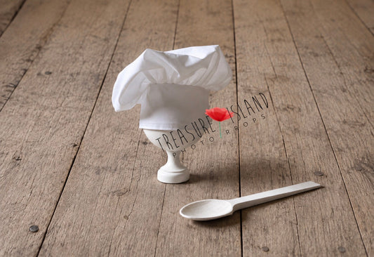 White handmade Chef Hat with optional wooden spoon for newborn and sitter photography