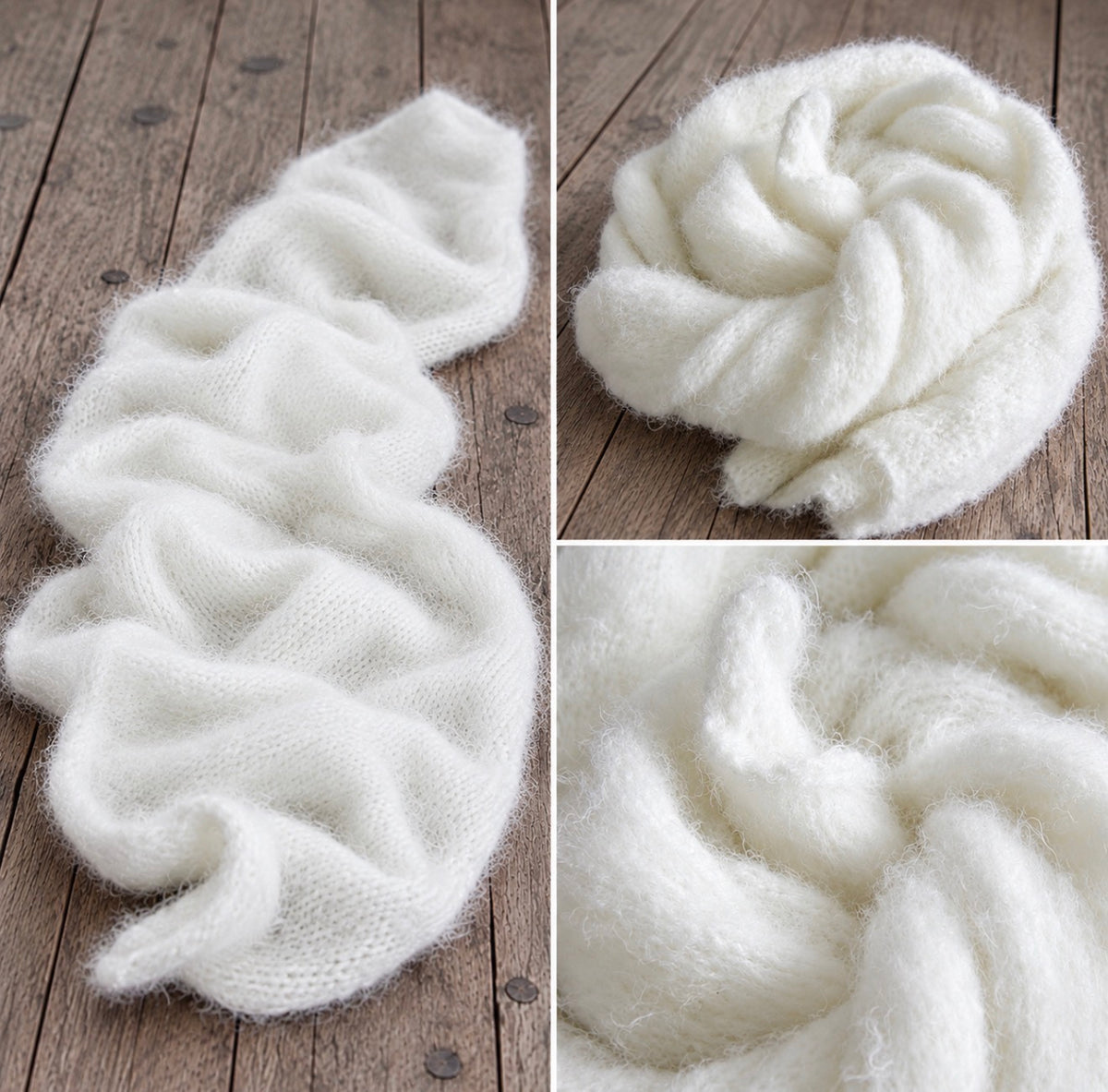 Three-view collage of a white fluffy long-haired knitted newborn photography wrap, showing its flowing drape, soft folds and delicate fuzzy texture