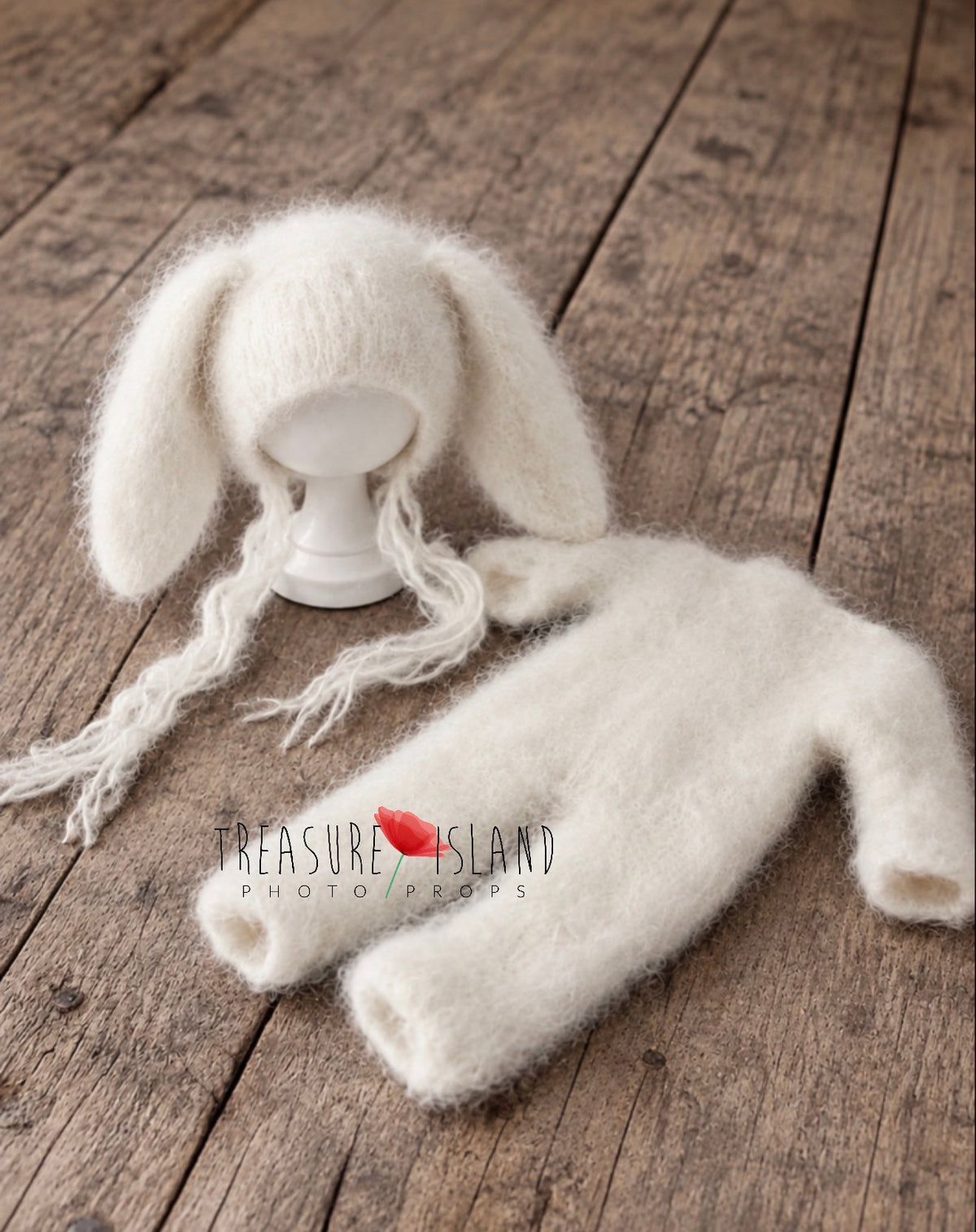 White hand-knitted Bunny romper and bonnet set for newborn and sitter photography