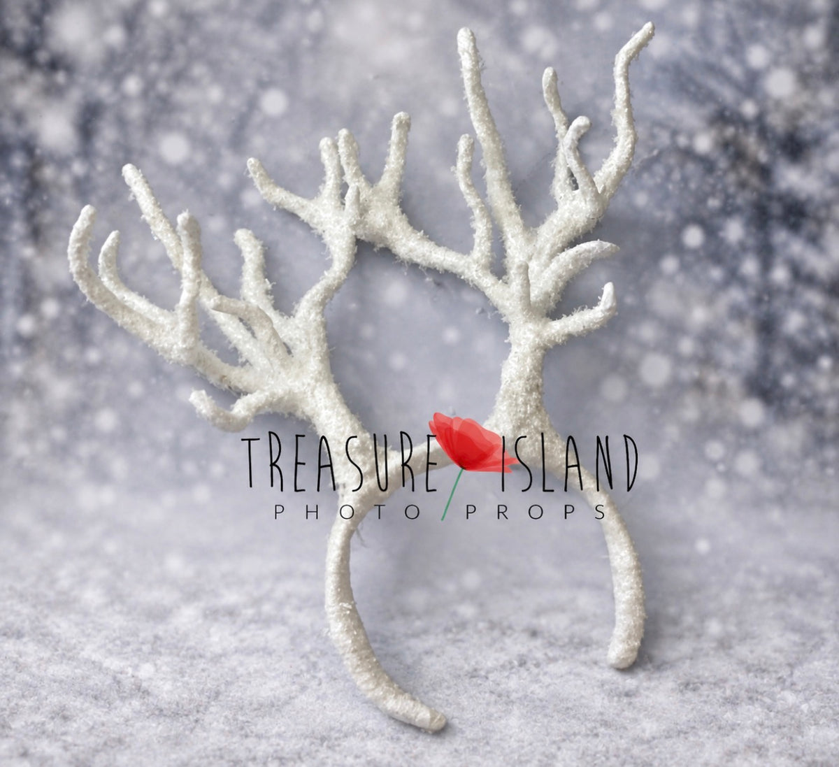 White reindeer antlers photography headband with branching design and textured snowy finish
