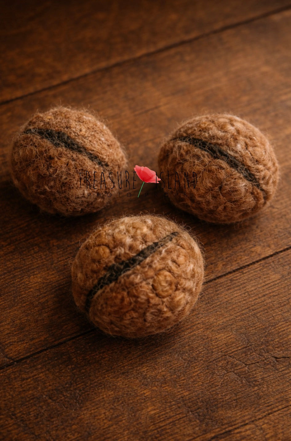 Three handmade whole felted walnuts for squirrel and woodland photography styling