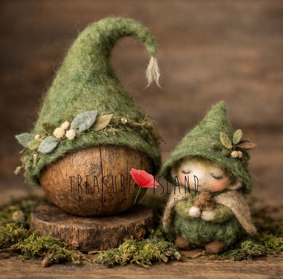 Hand-felted woodland fantasy elf hat with long curved tip and matching miniature forest character, styled with moss and acorn details