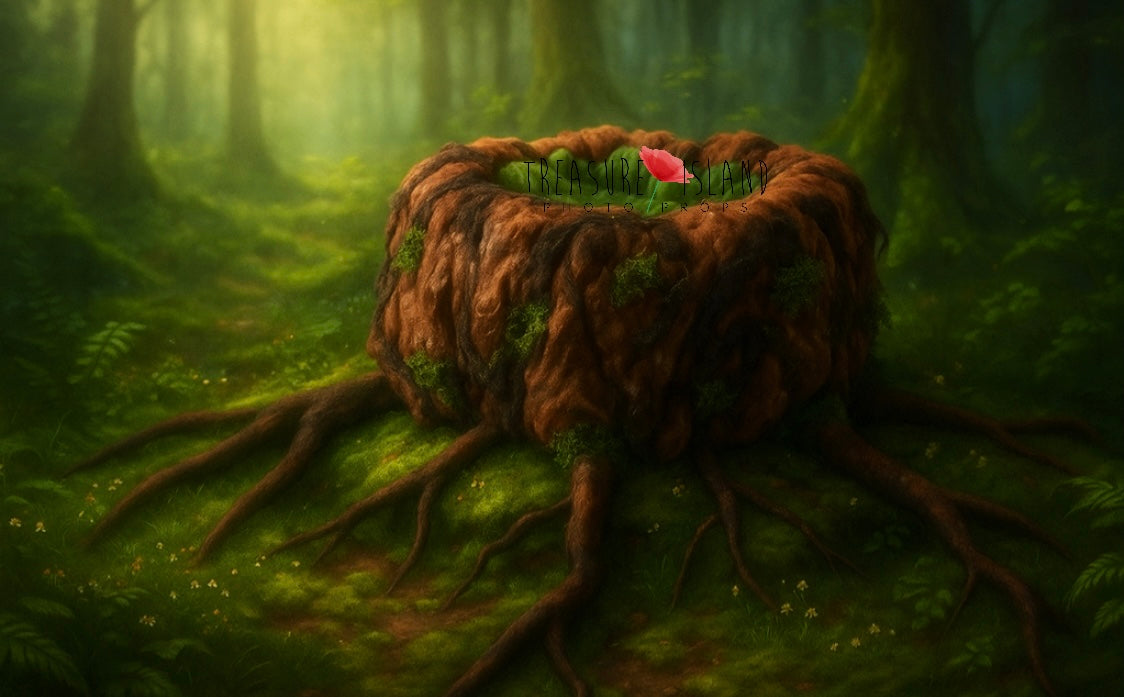 Woodland tree stump prop with sculptural roots styled in a Fine Art forest photography scene