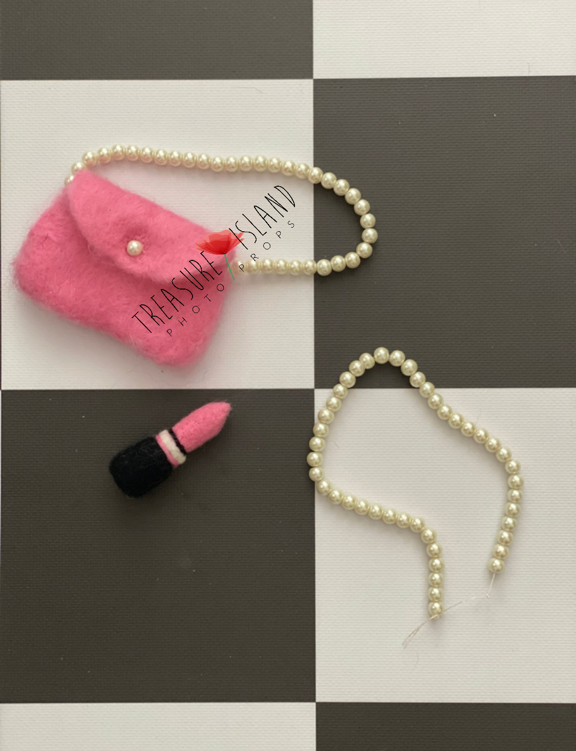 Felted mini purce, lipstick and pearl necklace for newborn sesion