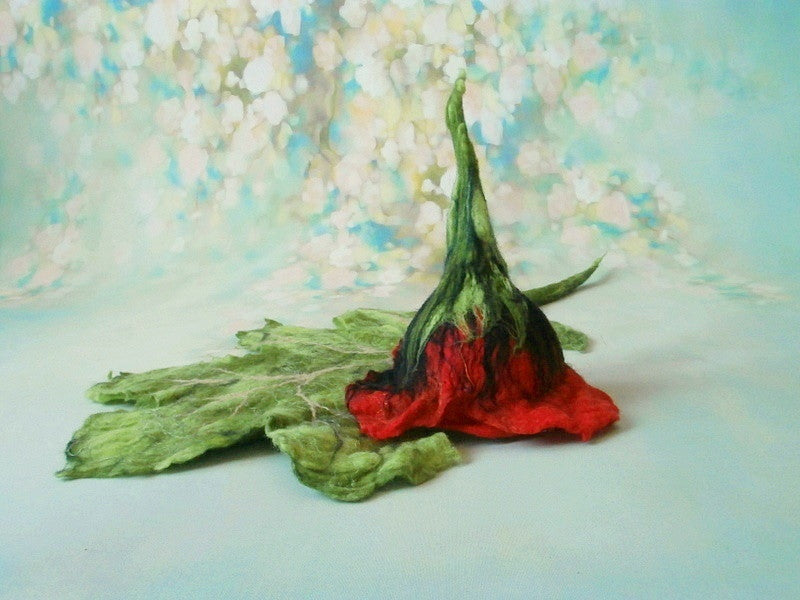 Felted poppy bonnet with coordinating botanical leaf photography prop