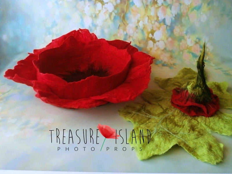 Felted poppy flower, botanical leaf and matching bonnet for newborn photography
