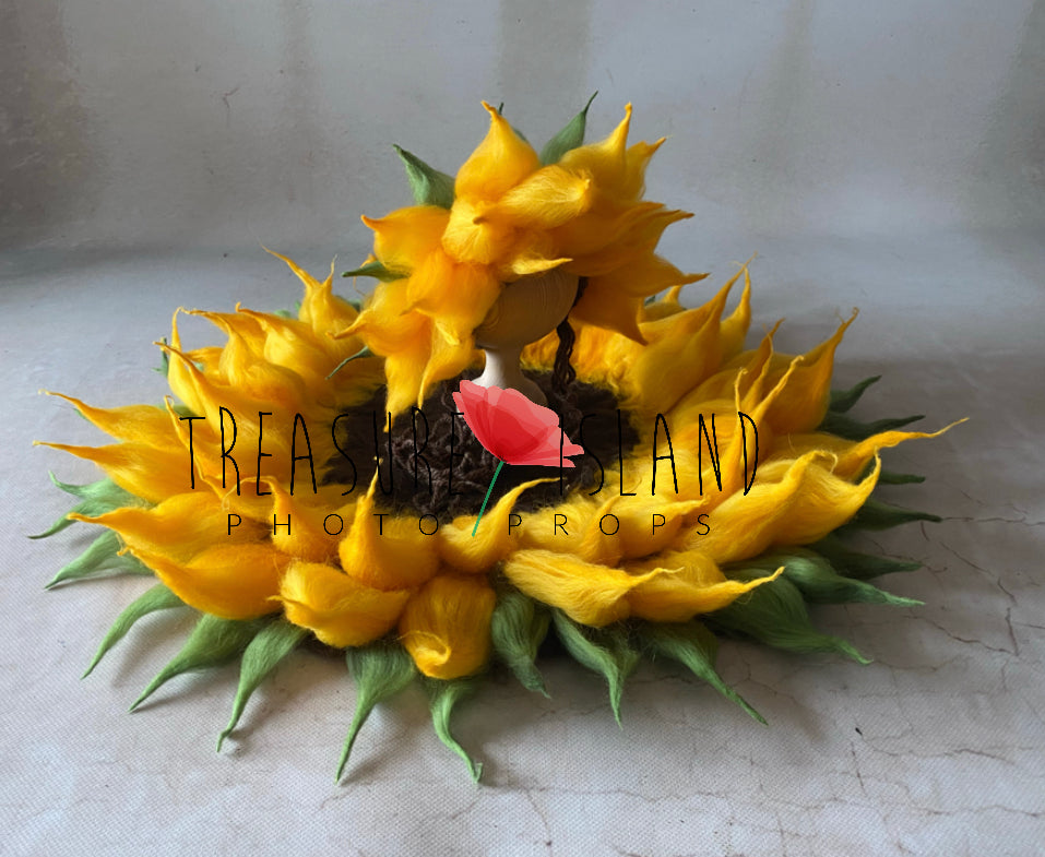 Handmade sunflower blanket and bonnet set for baby photography