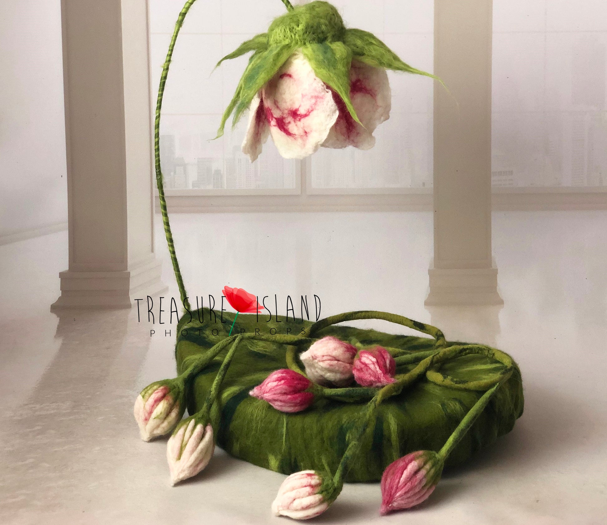 Handmade wool floral nest with curved flower stem for newborn photography