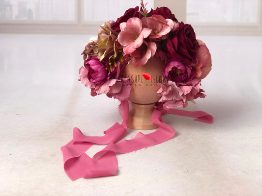 FLOWER BONNET FLORAL BONNET pink pale  powder with burgund