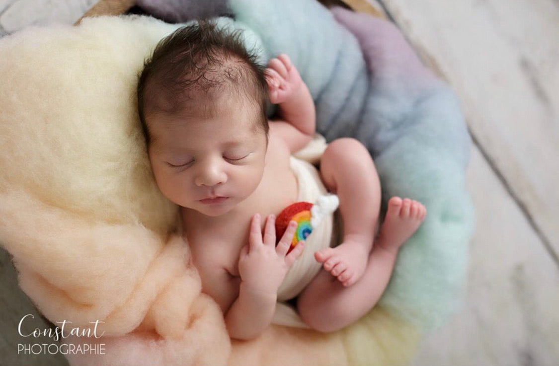 Handmade mini felted rainbow with white cloud used as a newborn photography accessory