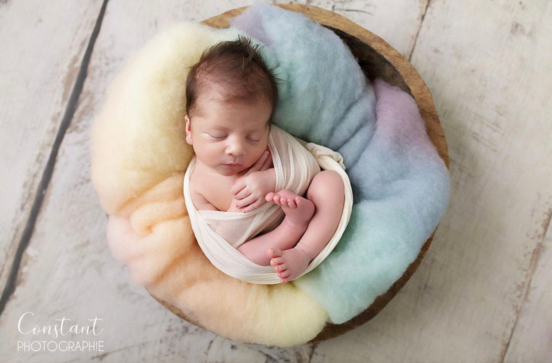 Pastel felted rainbow cloud used as a soft layer in a newborn photography bowl setup