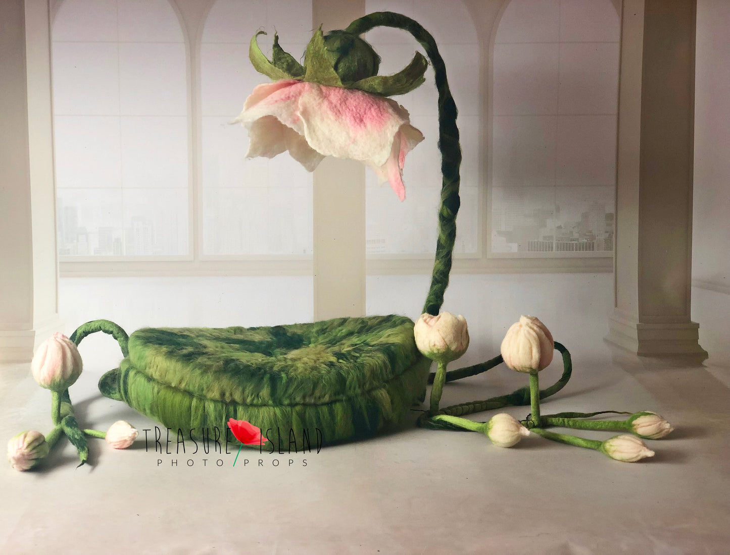 Sculptural felted flower nest and botanical vine handmade from wool