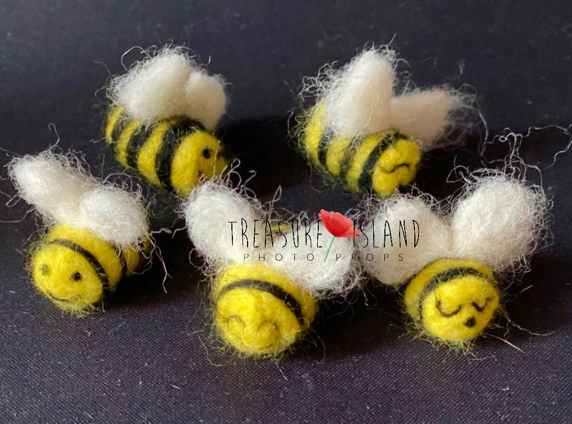 Five handmade felted mini bees for newborn and sitter photography styling