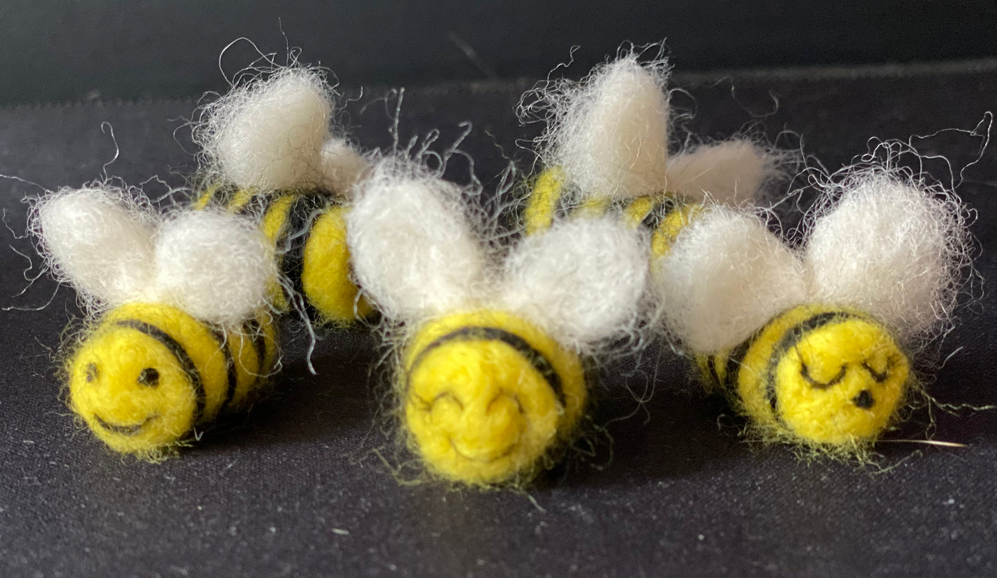 Set of five felted mini bees for bee and honey-themed photography scenes
