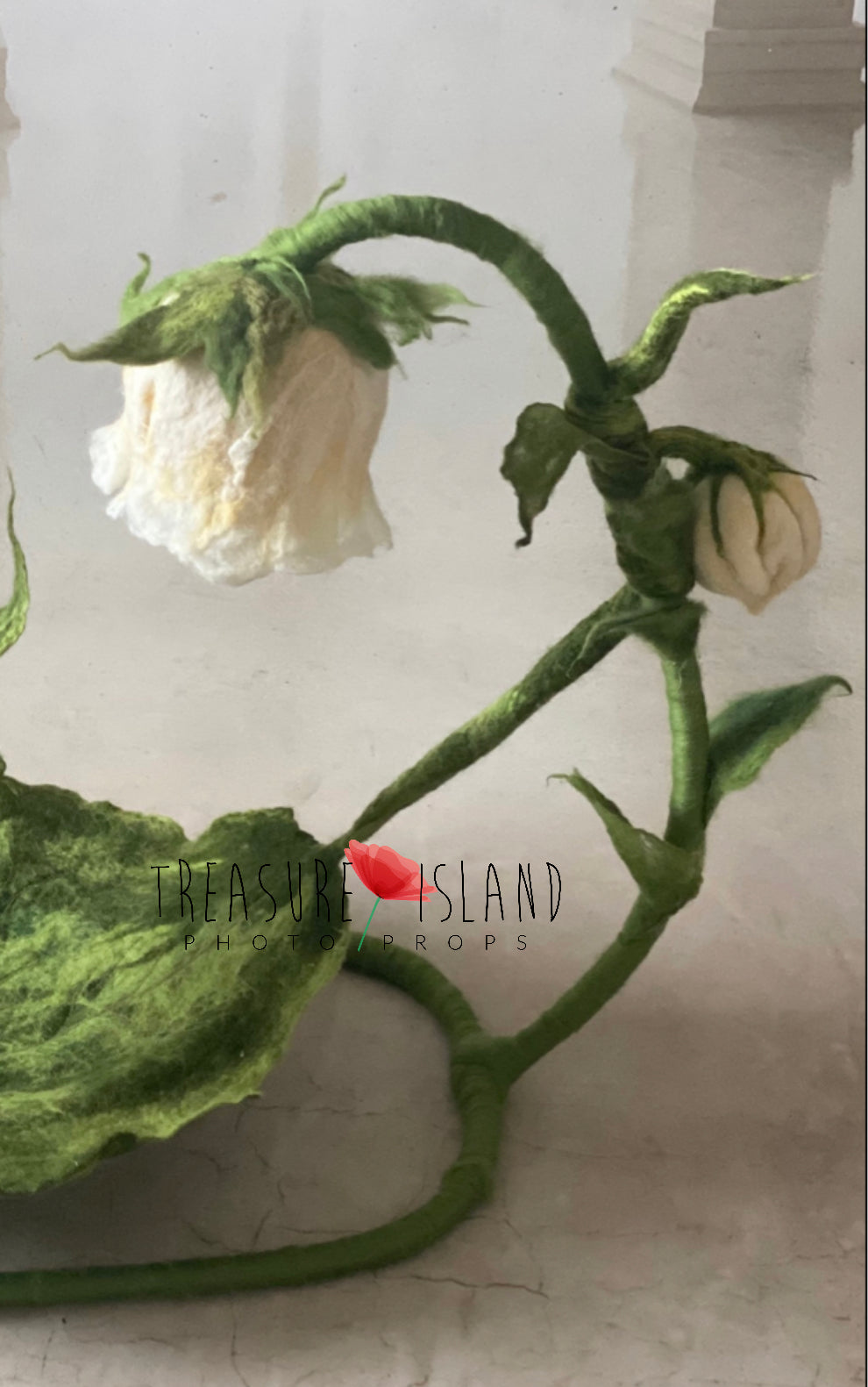 Close-up of hand-felted Thumbelina flower petals and botanical details