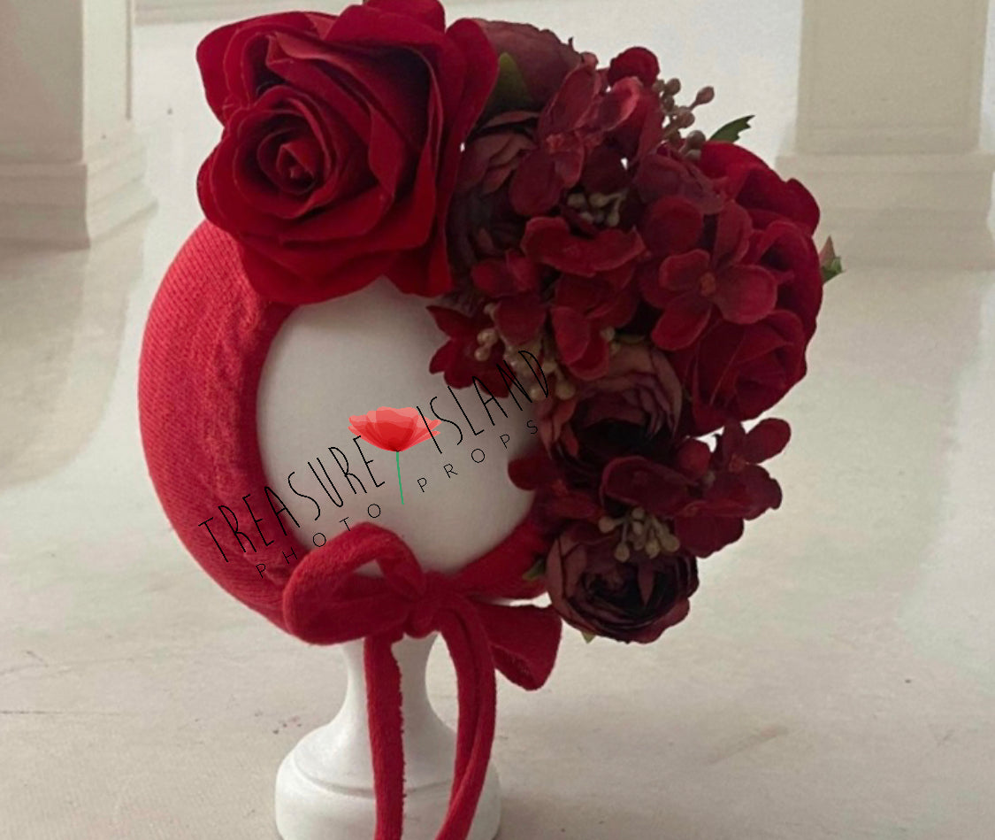Burgundy and red floral bonnet with long fabric ties for fine art photography