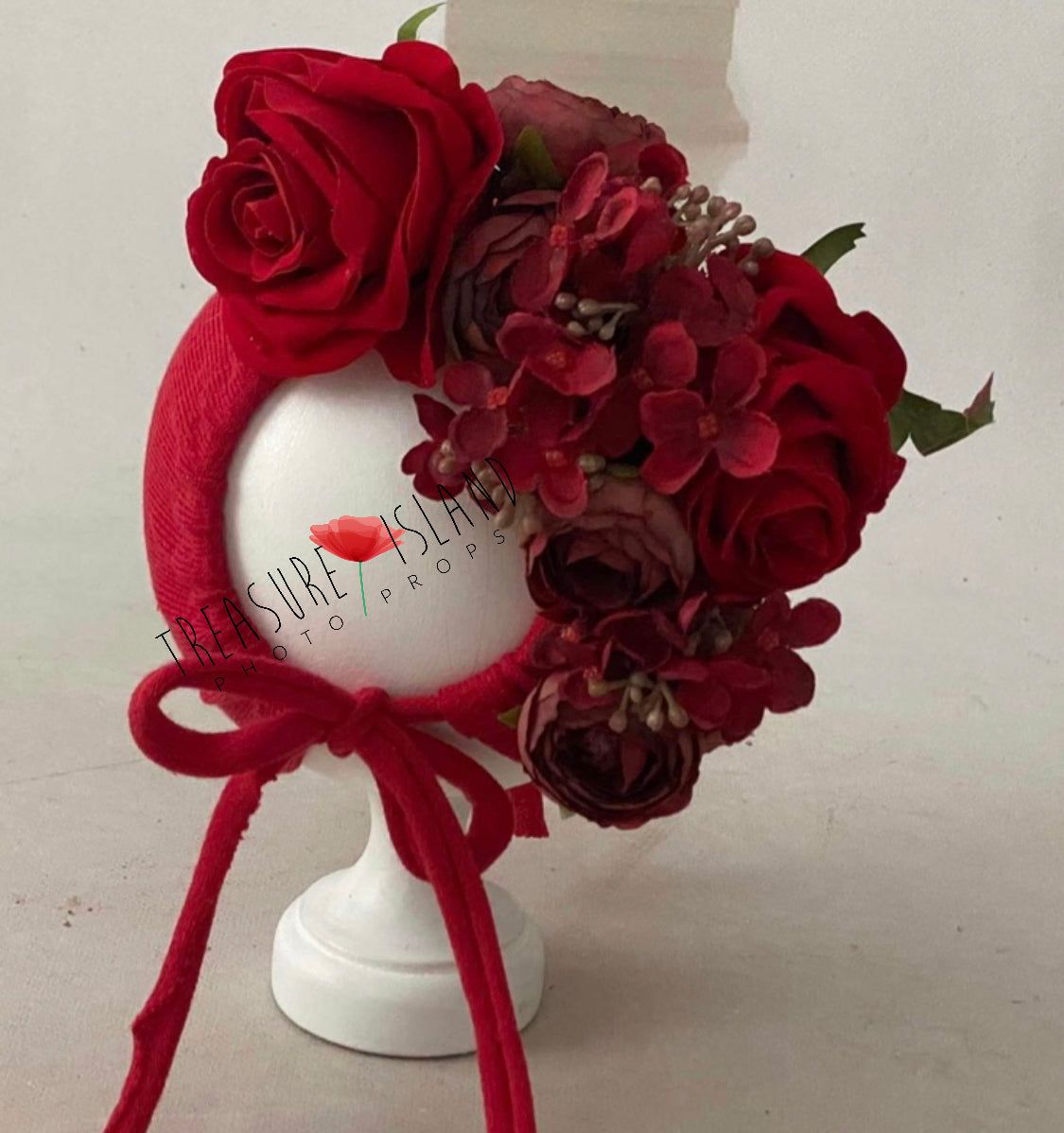 Handmade floral sitter bonnet with red roses, burgundy flowers and long red ties