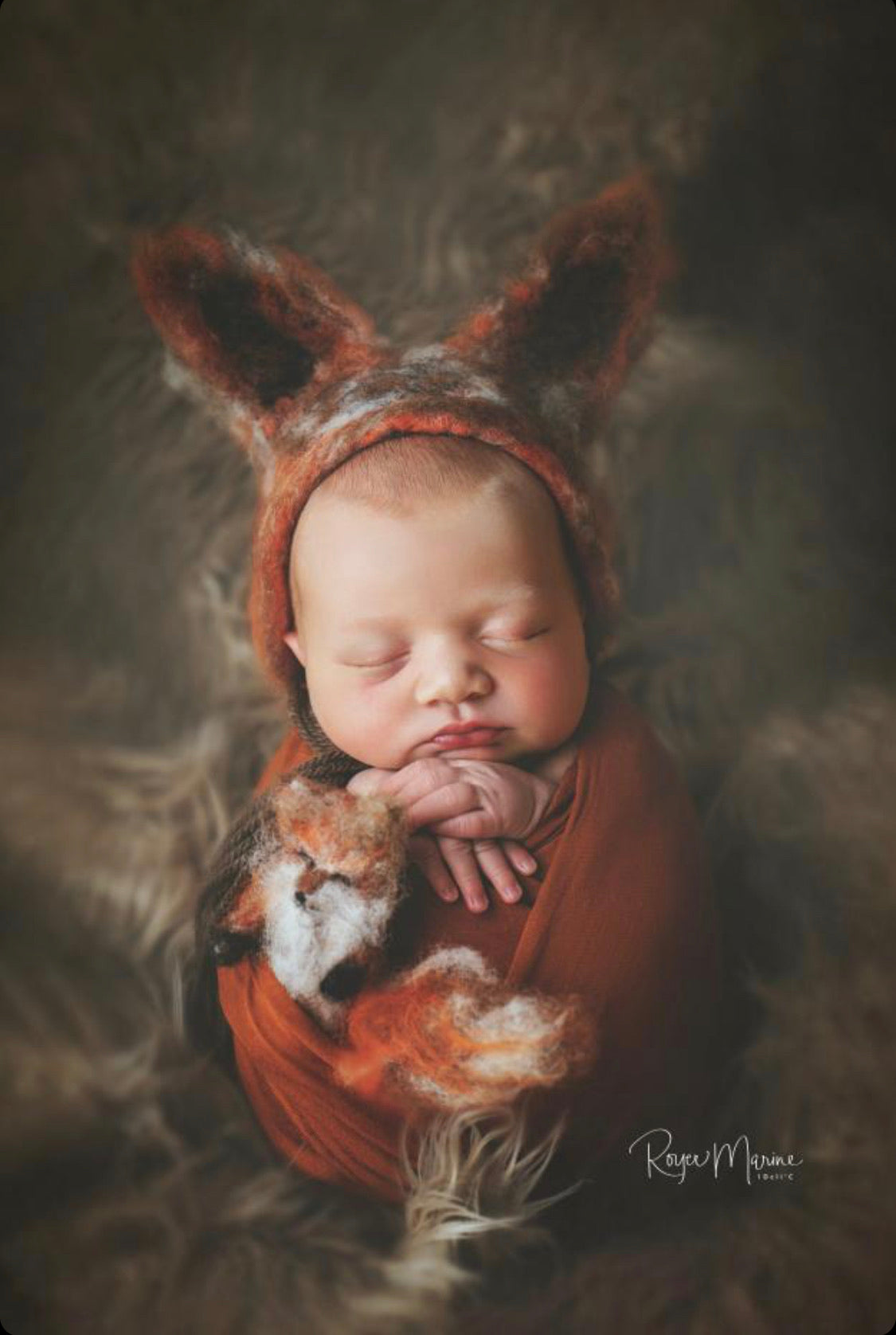 Newborn photography styling with handmade felted fox bonnet and coordinating fox toy