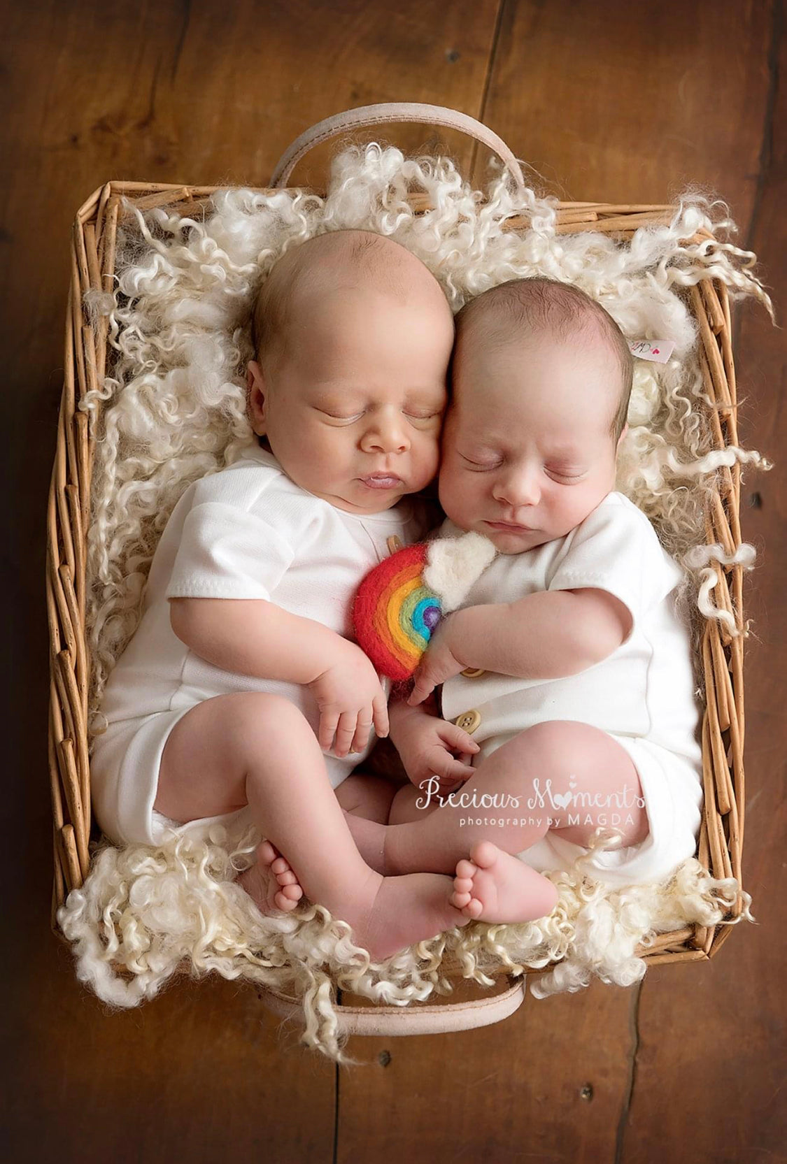 Hand felted rainbow with white cloud used as a colourful prop for twin newborn photography