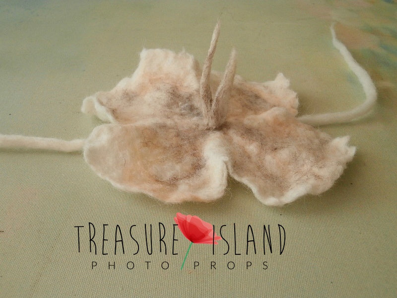 Newborn wearing a hand-felted wool flower headband for fine art baby photography