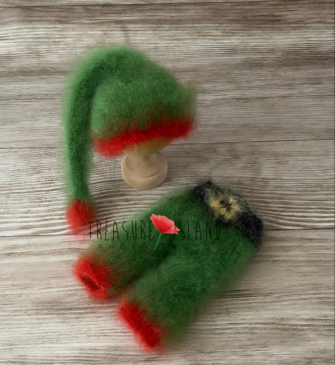 Fluffy green alpaca Elf photography outfit with red trim, belt and long pixie hat for newborn and sitter Christmas sessions