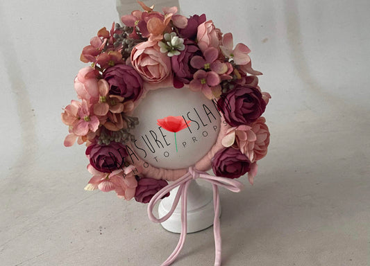 Coral and burgund FLOWER BONNET FLORAL BONNET