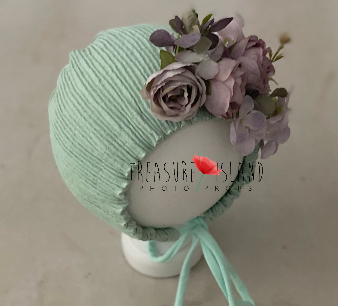 Sage and dirty violet  FLOWER BONNET FLORAL BONNET