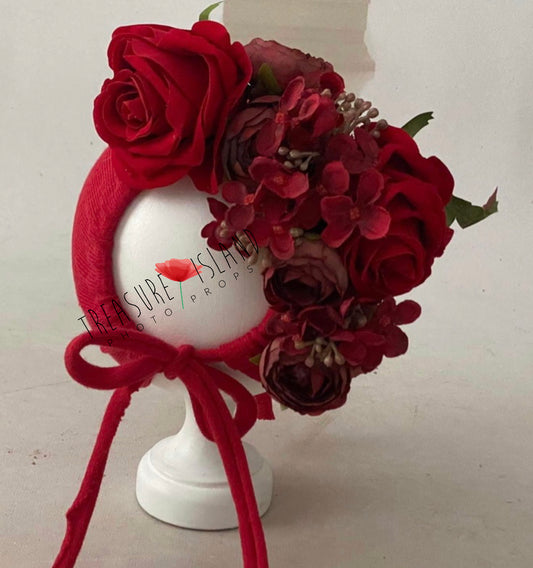 Red and burgund FLOWER BONNET FLORAL BONNET ❤️VALENTINE props