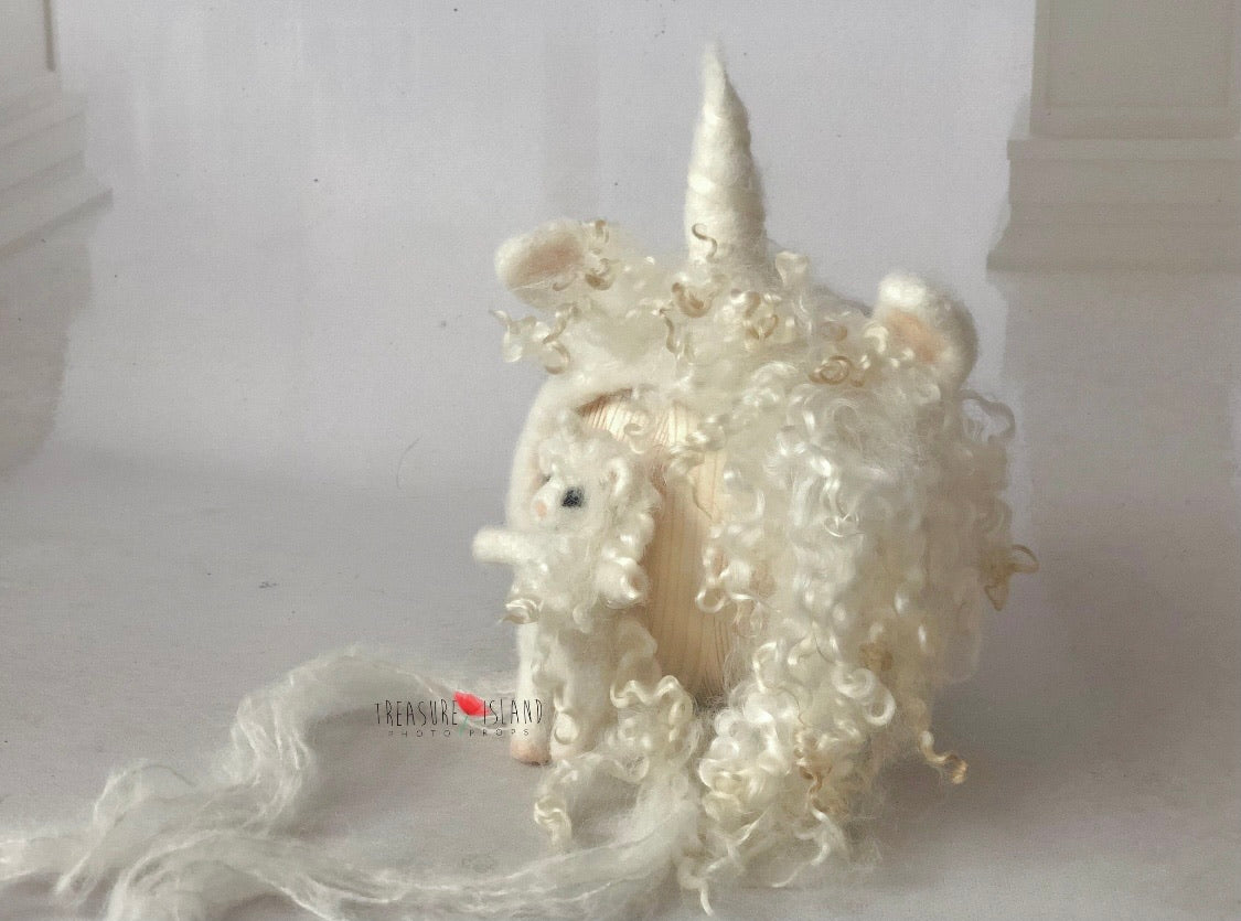 FELTED UNICORN SET  felt animals Curls hair NEEDLE animal  ( HAT + unicorn