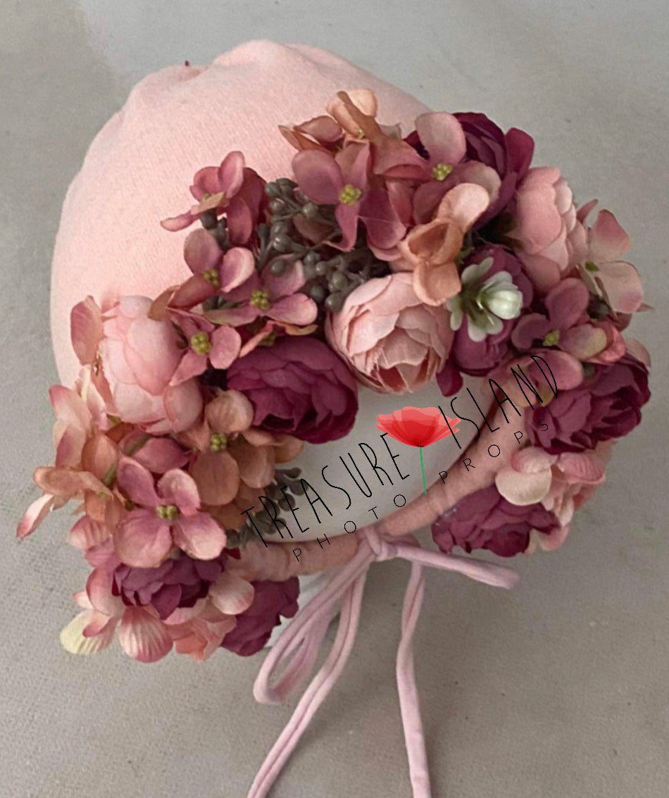 Coral and burgund FLOWER BONNET FLORAL BONNET