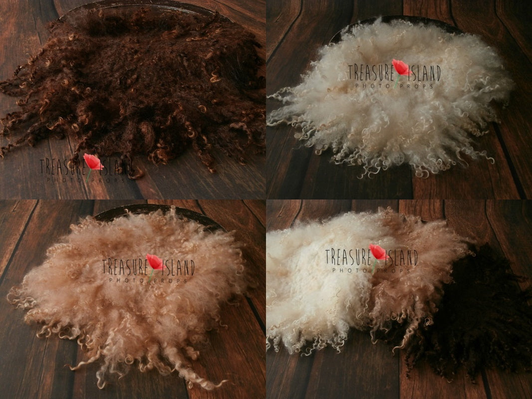 Natural Colors hand-felted curly wool blankets in Natural White, Beige and Dark Chocolate shown individually and as a coordinated newborn photography set