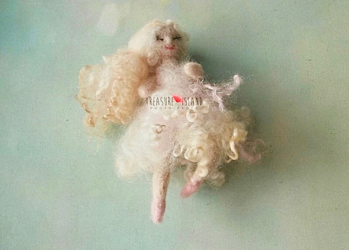 Ophelia hand-felted miniature doll with curly blonde hair and pastel dress for newborn and fairytale photography