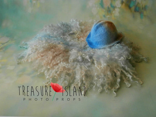 Sky Blue & Warm Beige newborn photography set with curly wool blanket and hand-felted hat