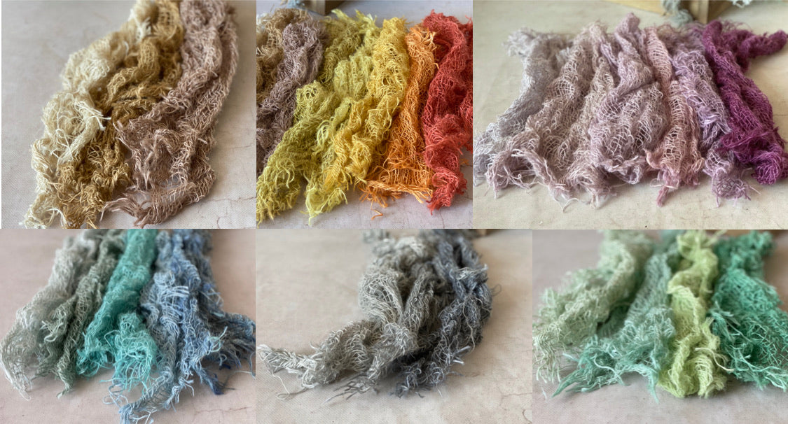 Assorted hand-dyed jute fiber layers showing neutral, pastel, blue, green and warm color options