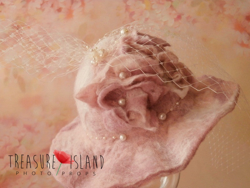 Close-up of felted flowers, pearl accents and veil on Vivienne Dusty Rose photography hat