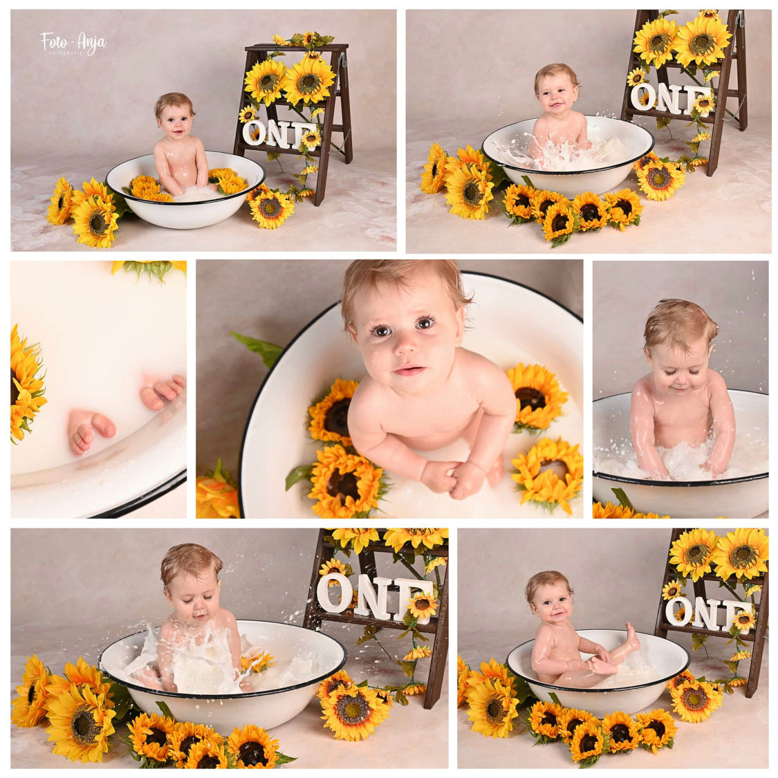 White enamel bowl used for a sitter cake smash and milk bath photography session with sunflower styling