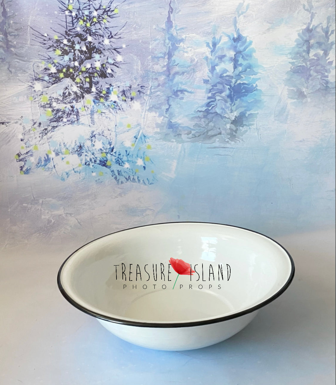 White enamel photography bowl with black rim styled in a winter studio setting