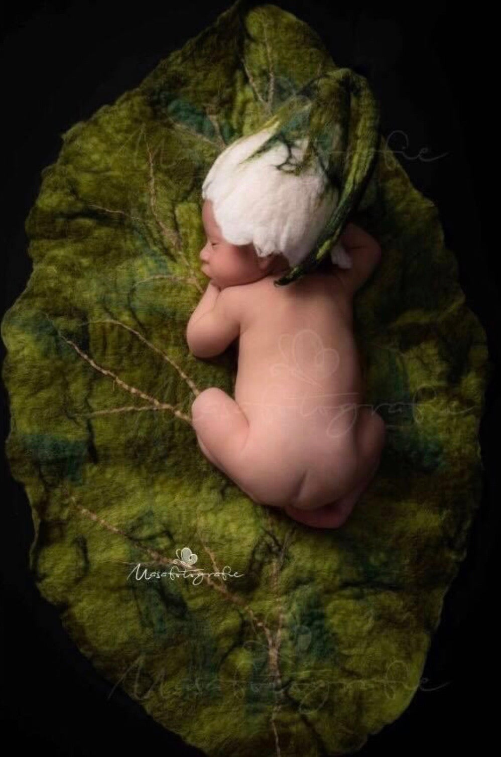 Newborn wearing a white felted flower hat with long leafy stalk posed on a large green felted leaf